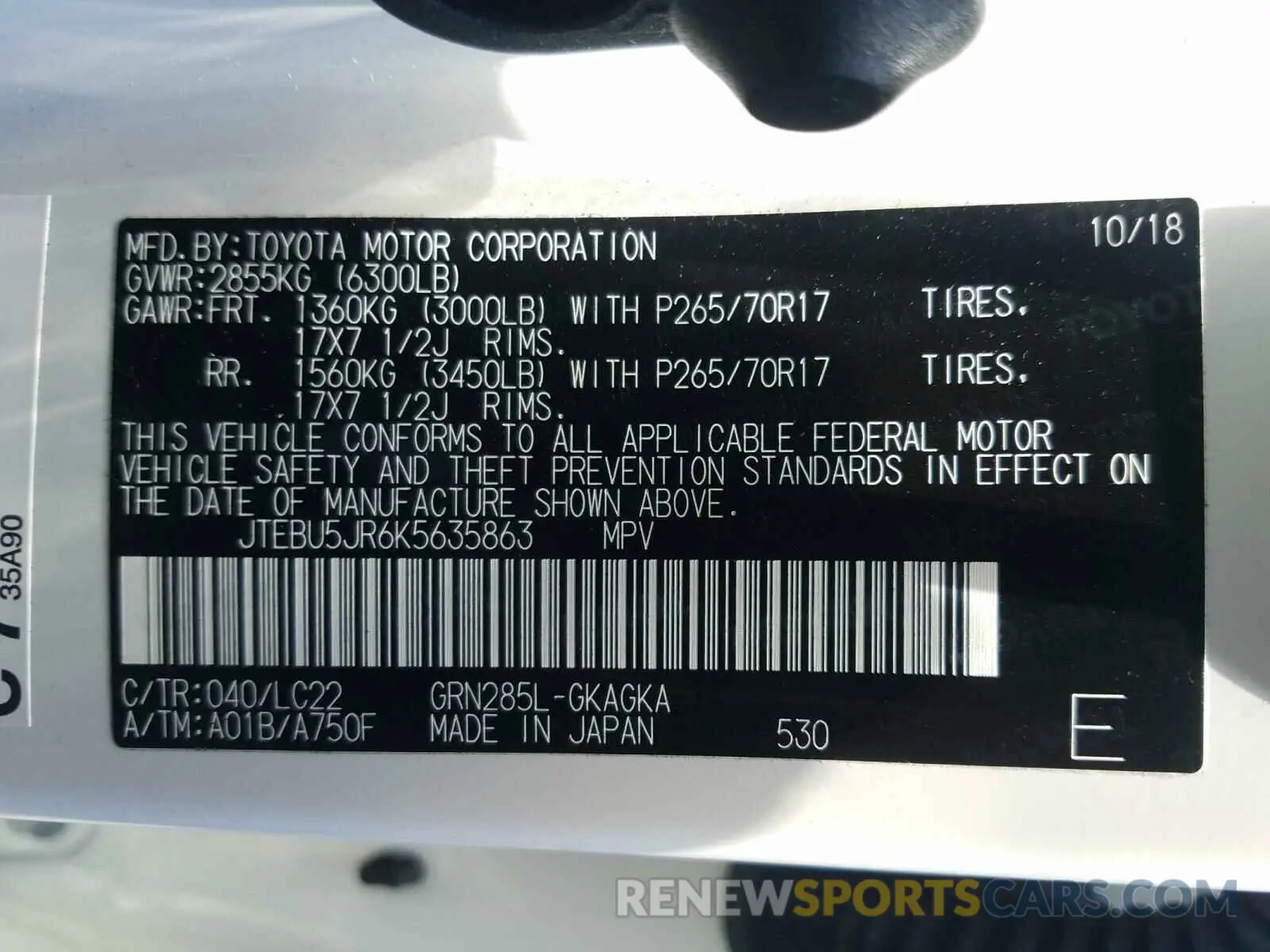 10 Photograph of a damaged car JTEBU5JR6K5635863 TOYOTA 4RUNNER 2019
