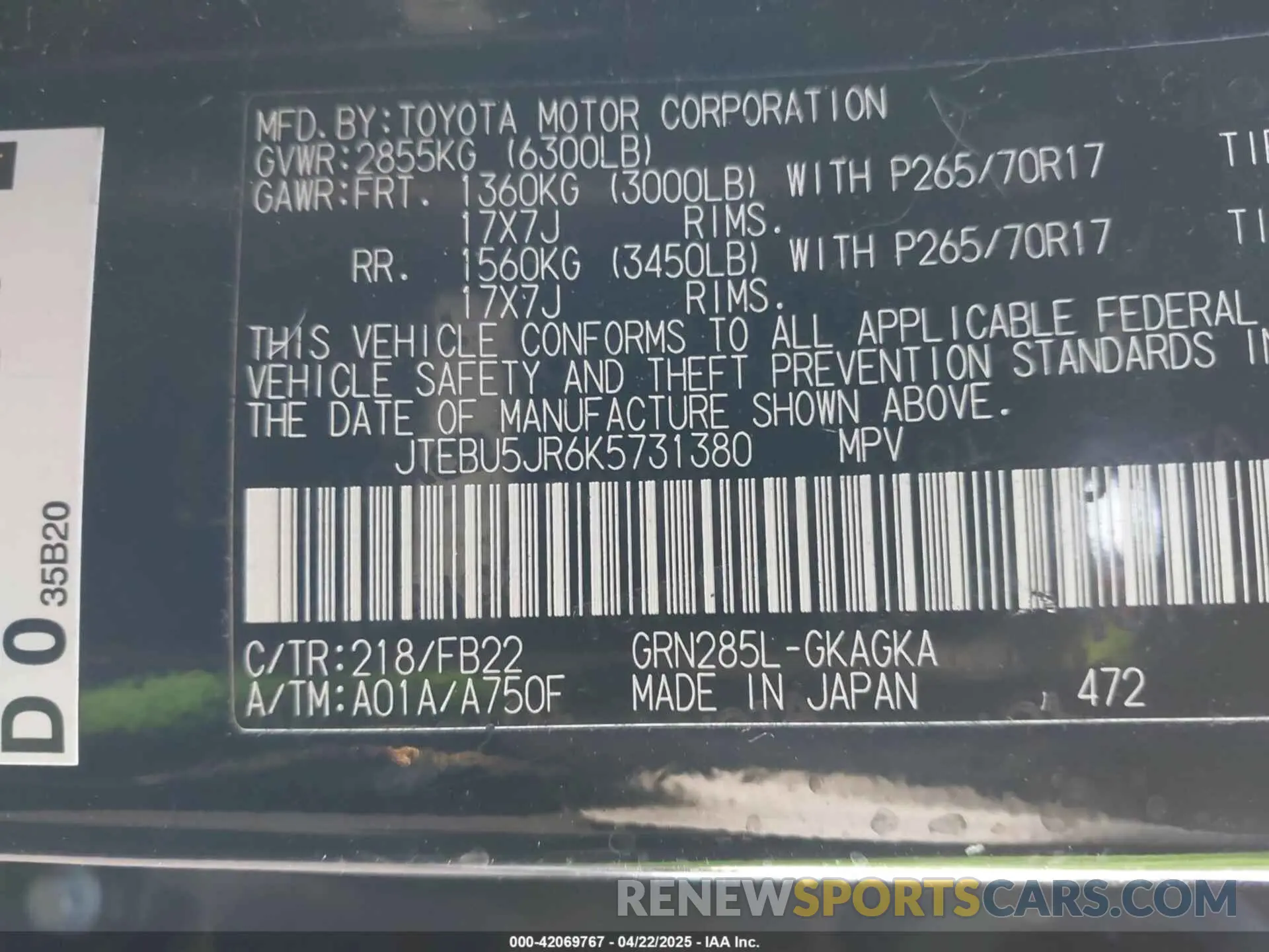 9 Photograph of a damaged car JTEBU5JR6K5731380 TOYOTA 4RUNNER 2019