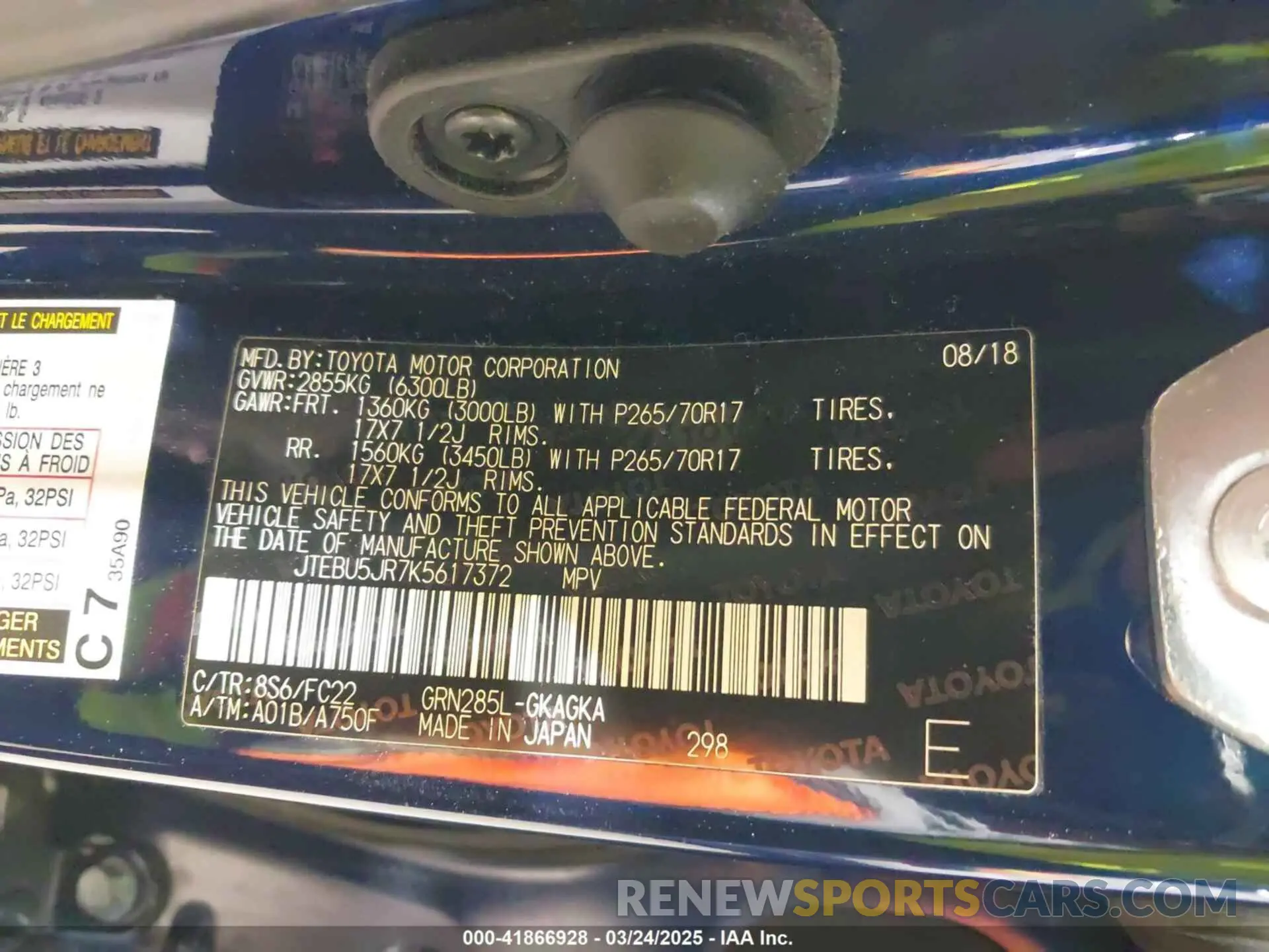 9 Photograph of a damaged car JTEBU5JR7K5617372 TOYOTA 4RUNNER 2019
