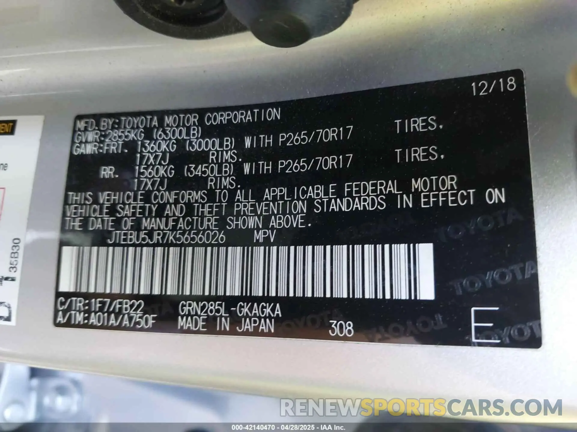 9 Photograph of a damaged car JTEBU5JR7K5656026 TOYOTA 4RUNNER 2019