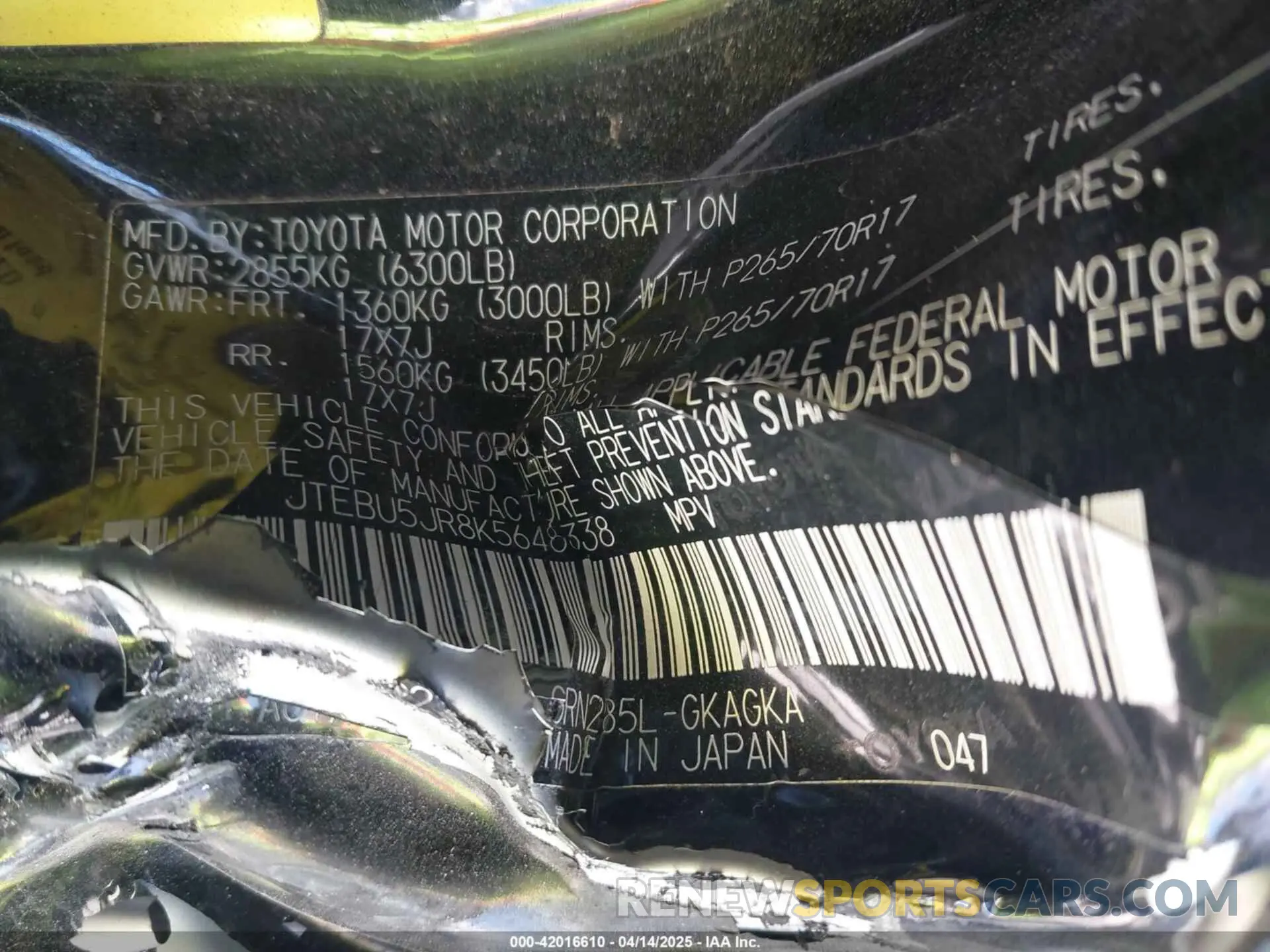 9 Photograph of a damaged car JTEBU5JR8K5648338 TOYOTA 4RUNNER 2019