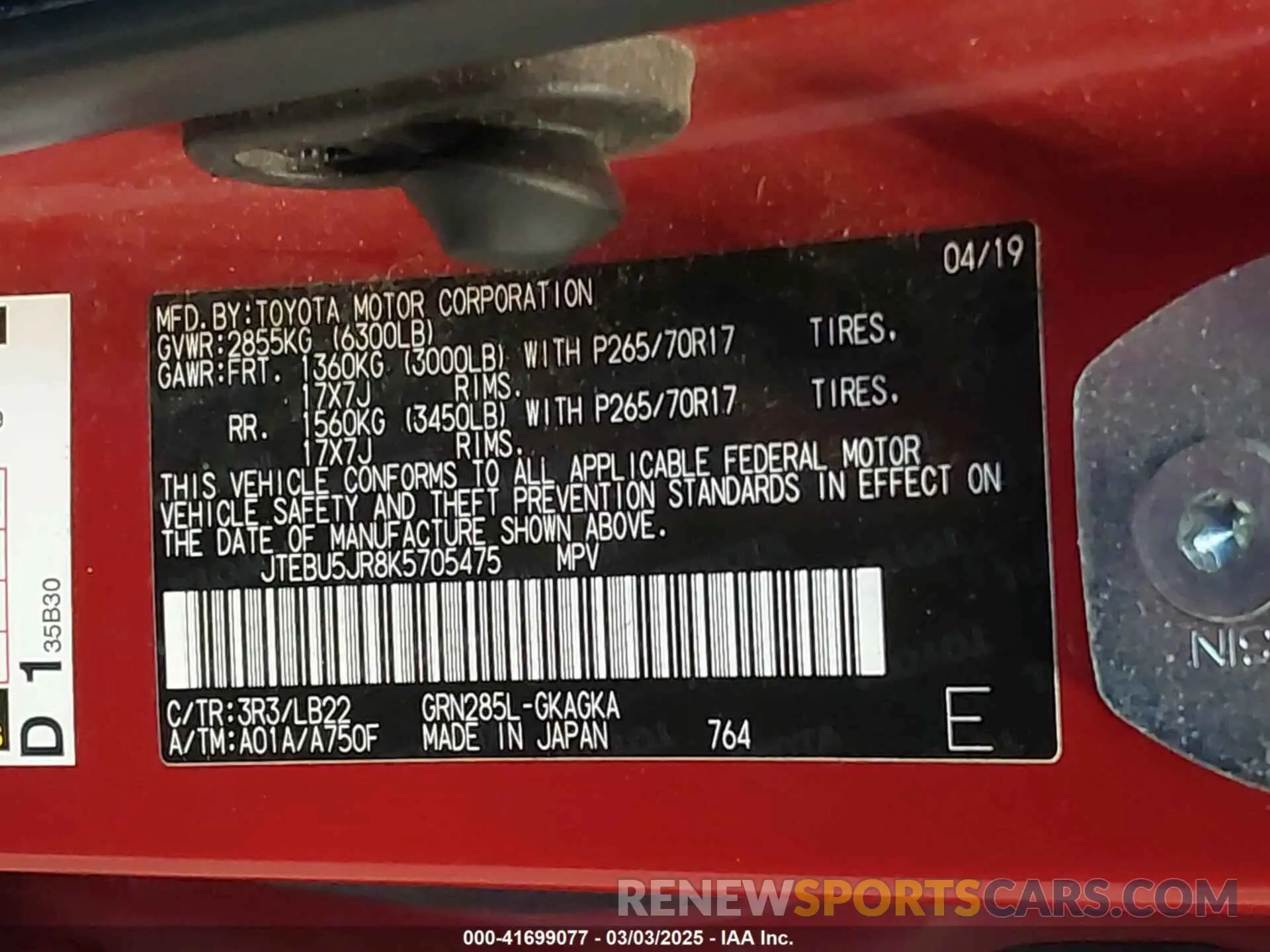 9 Photograph of a damaged car JTEBU5JR8K5705475 TOYOTA 4RUNNER 2019