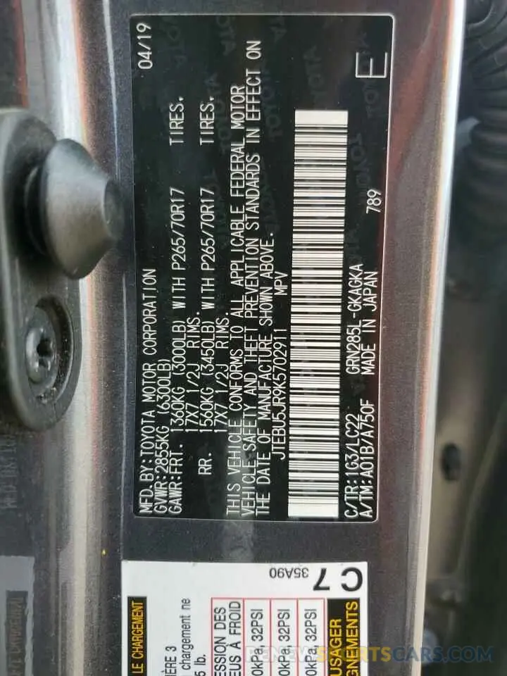 13 Photograph of a damaged car JTEBU5JR9K5702911 TOYOTA 4RUNNER 2019