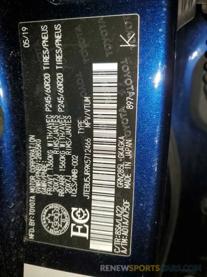 13 Photograph of a damaged car JTEBU5JR9K5712466 TOYOTA 4RUNNER 2019