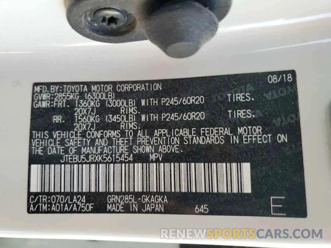 12 Photograph of a damaged car JTEBU5JRXK5615454 TOYOTA 4RUNNER 2019
