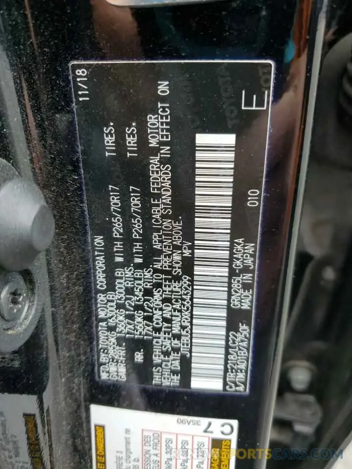 13 Photograph of a damaged car JTEBU5JRXK5643299 TOYOTA 4RUNNER 2019
