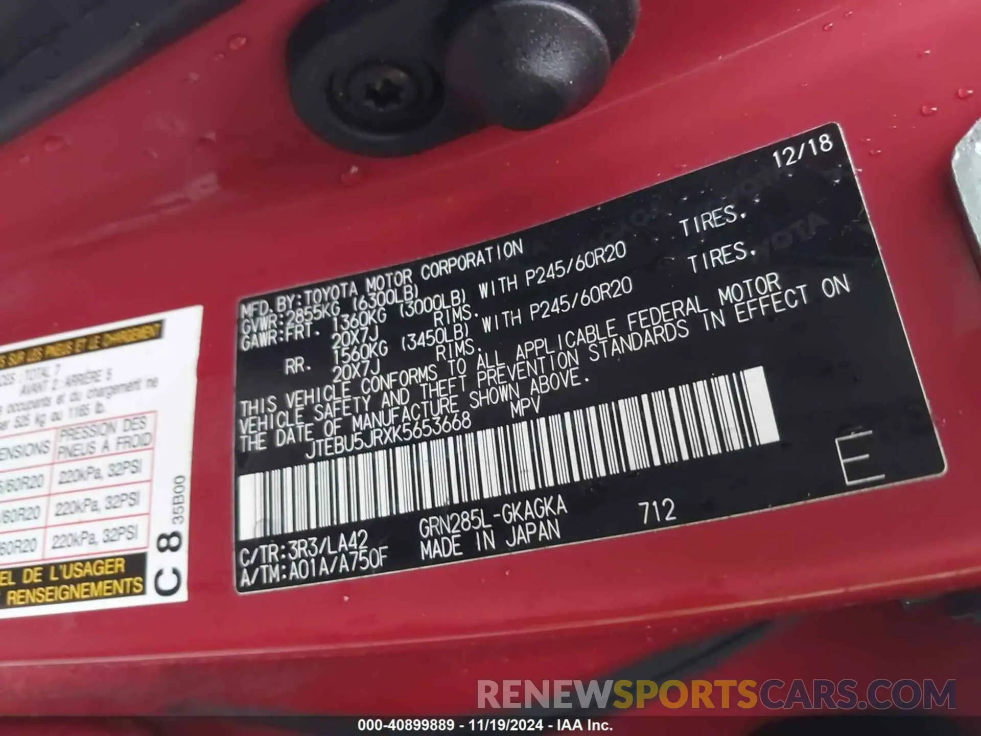9 Photograph of a damaged car JTEBU5JRXK5653668 TOYOTA 4RUNNER 2019