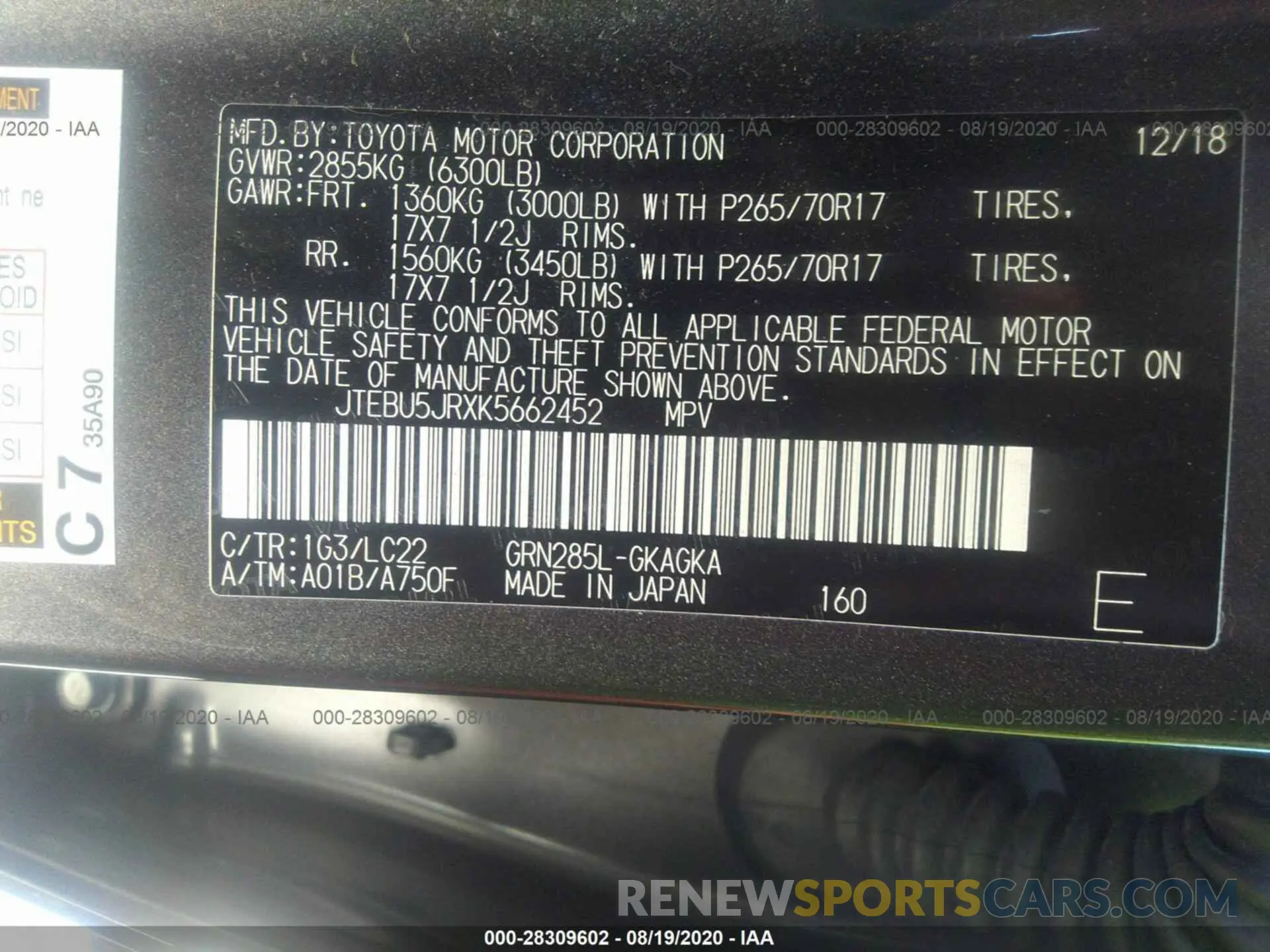 9 Photograph of a damaged car JTEBU5JRXK5662452 TOYOTA 4RUNNER 2019