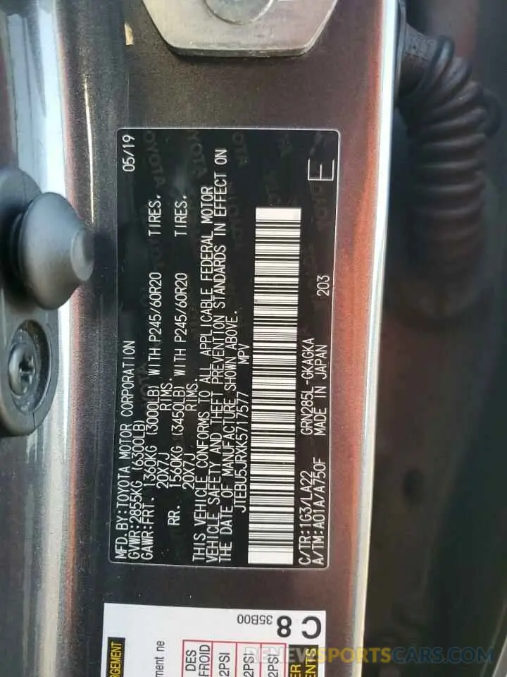 12 Photograph of a damaged car JTEBU5JRXK5717577 TOYOTA 4RUNNER 2019