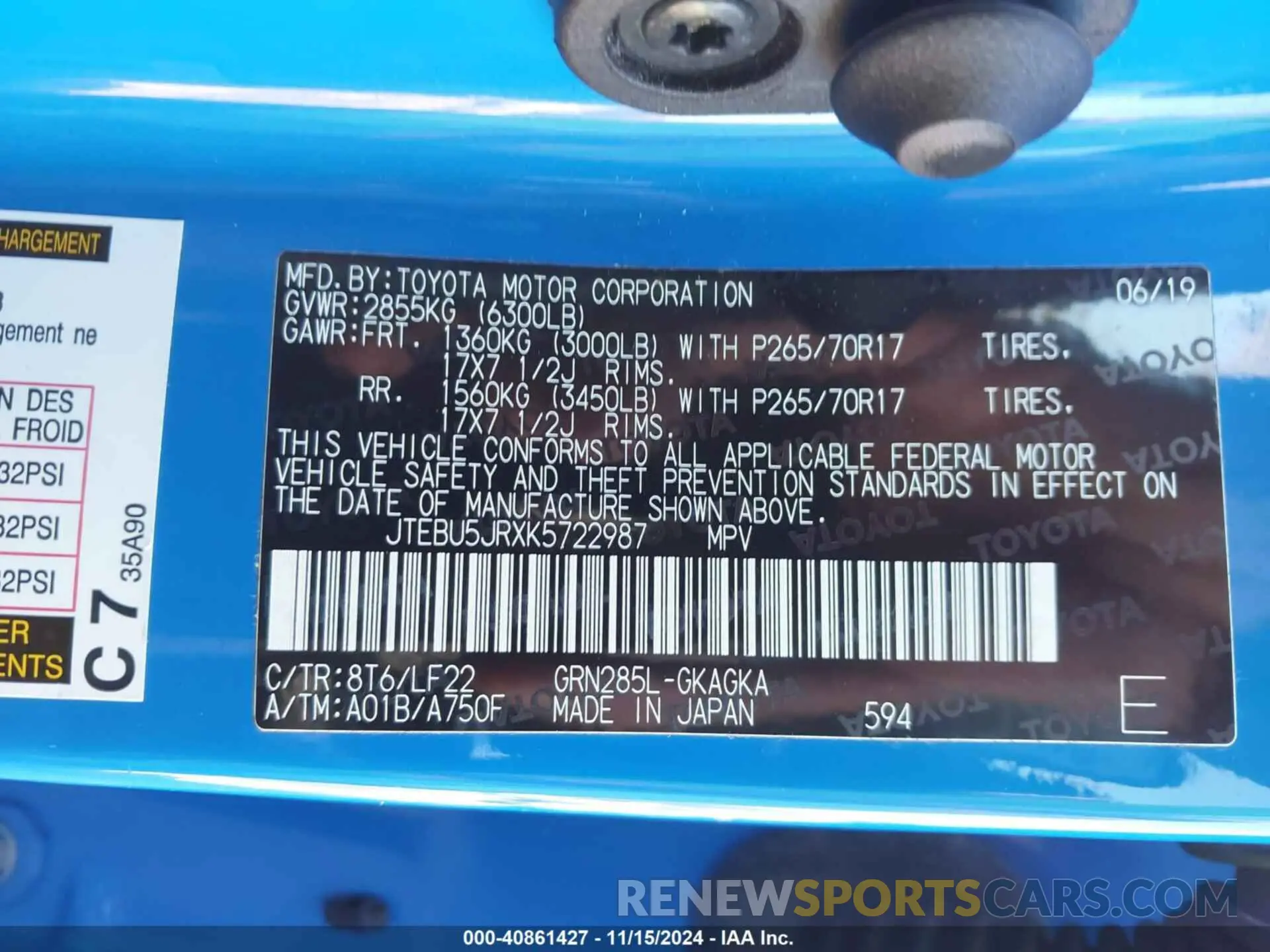 9 Photograph of a damaged car JTEBU5JRXK5722987 TOYOTA 4RUNNER 2019
