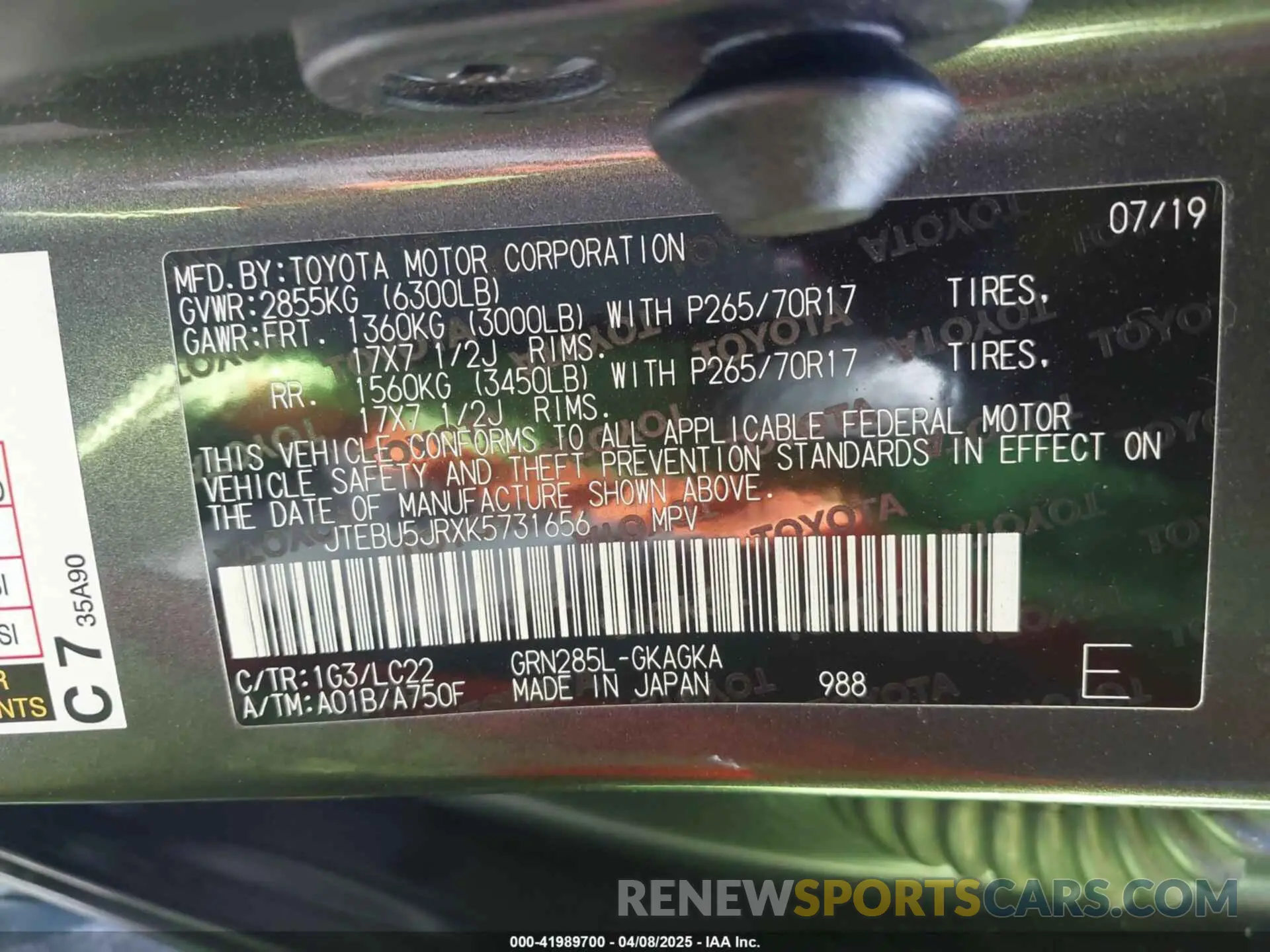 9 Photograph of a damaged car JTEBU5JRXK5731656 TOYOTA 4RUNNER 2019