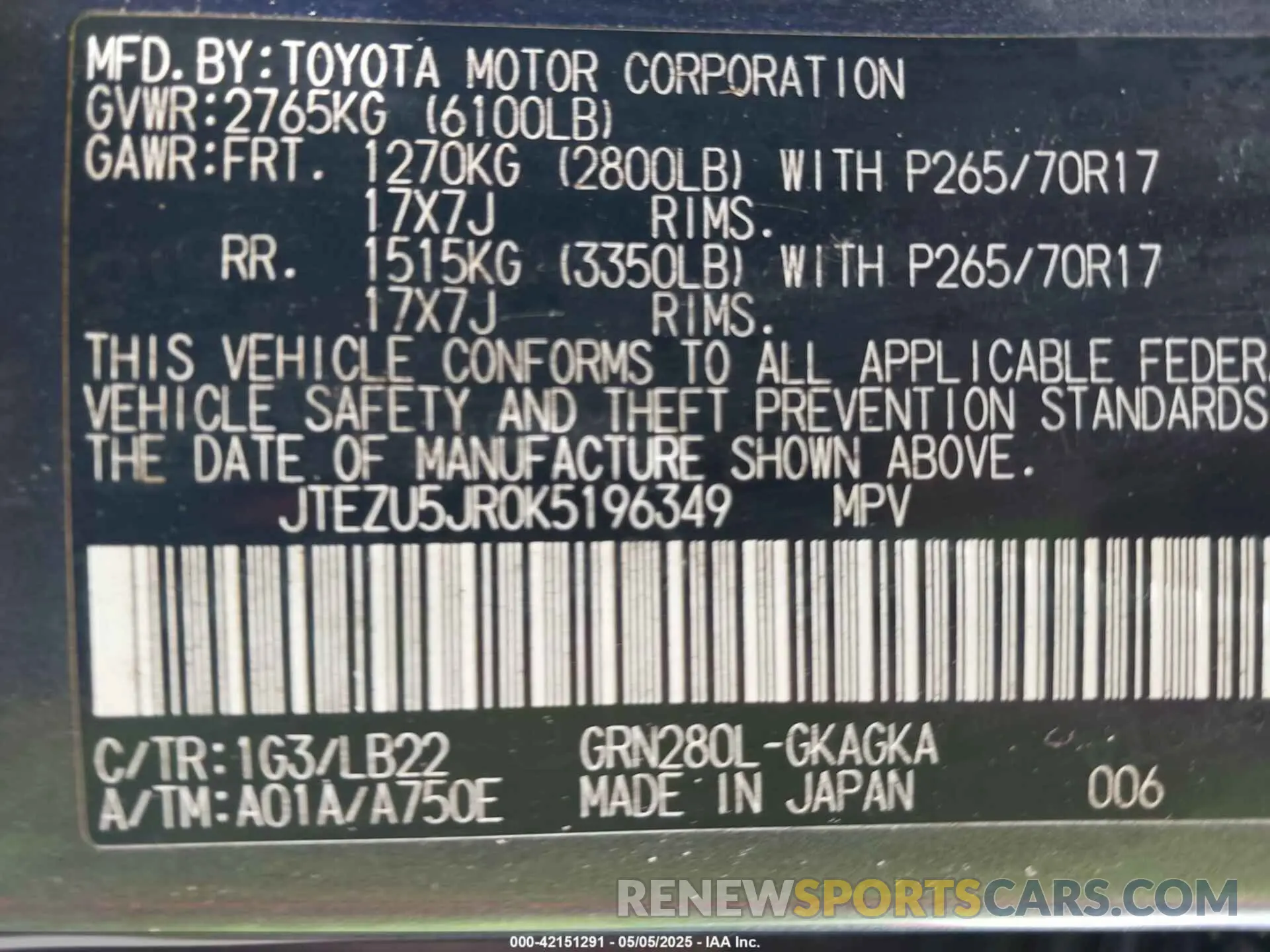 9 Photograph of a damaged car JTEZU5JR0K5196349 TOYOTA 4RUNNER 2019