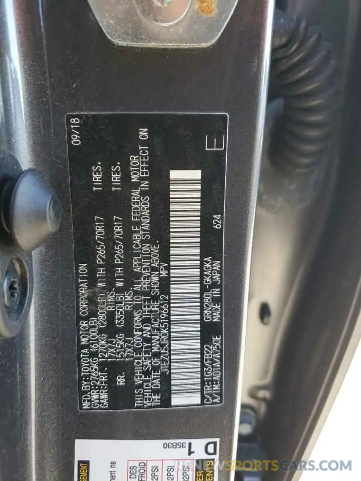 13 Photograph of a damaged car JTEZU5JR0K5196612 TOYOTA 4RUNNER 2019