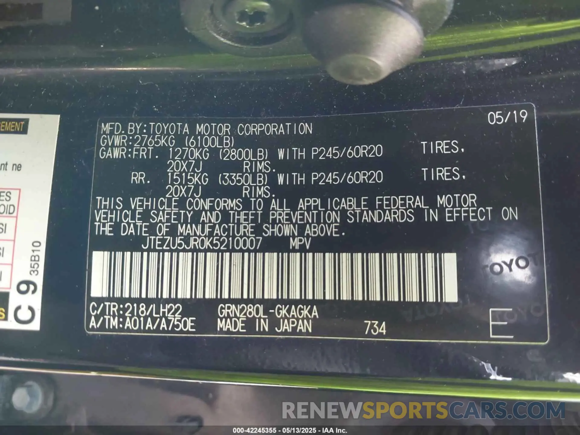 9 Photograph of a damaged car JTEZU5JR0K5210007 TOYOTA 4RUNNER 2019