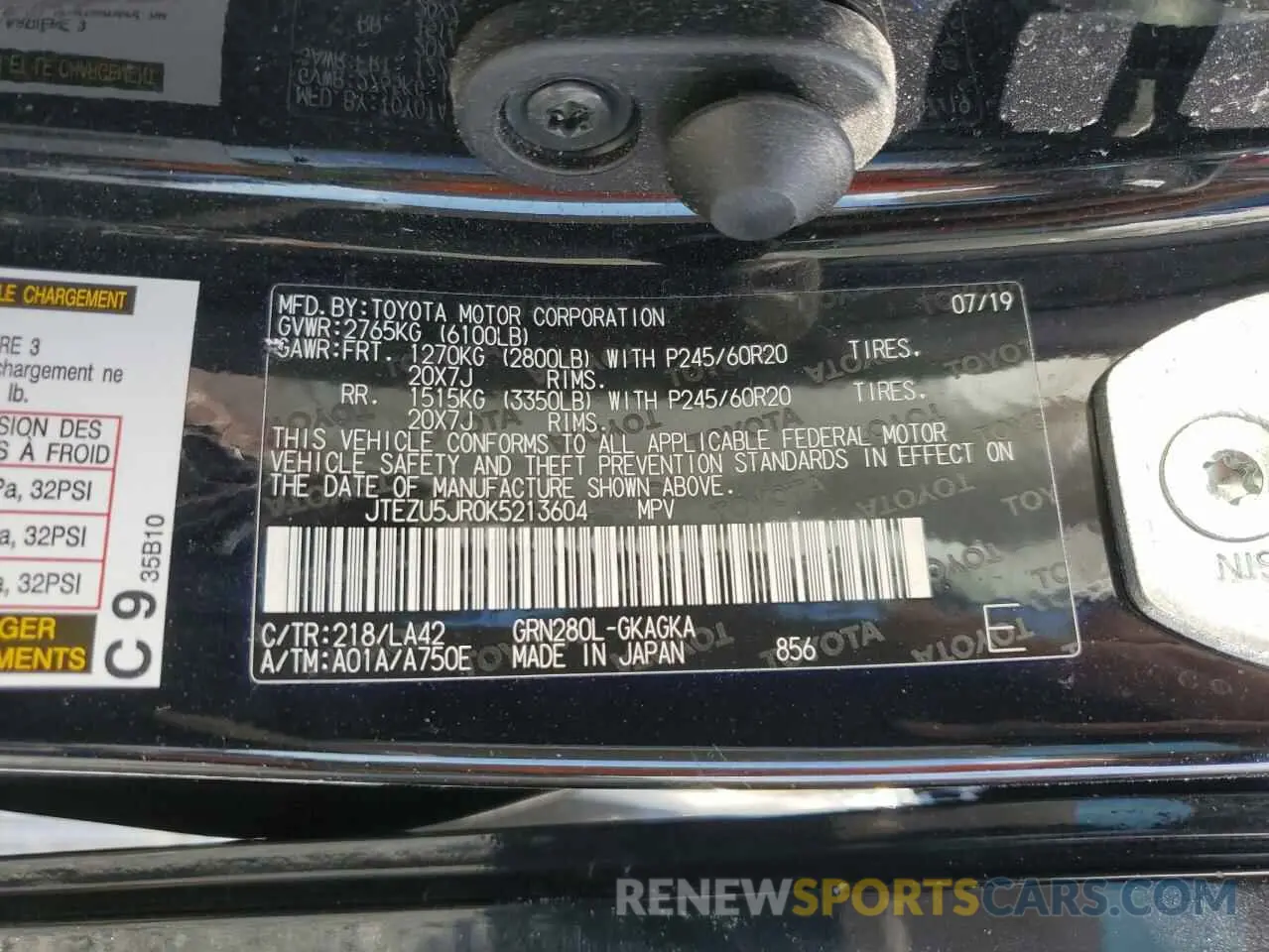 13 Photograph of a damaged car JTEZU5JR0K5213604 TOYOTA 4RUNNER 2019