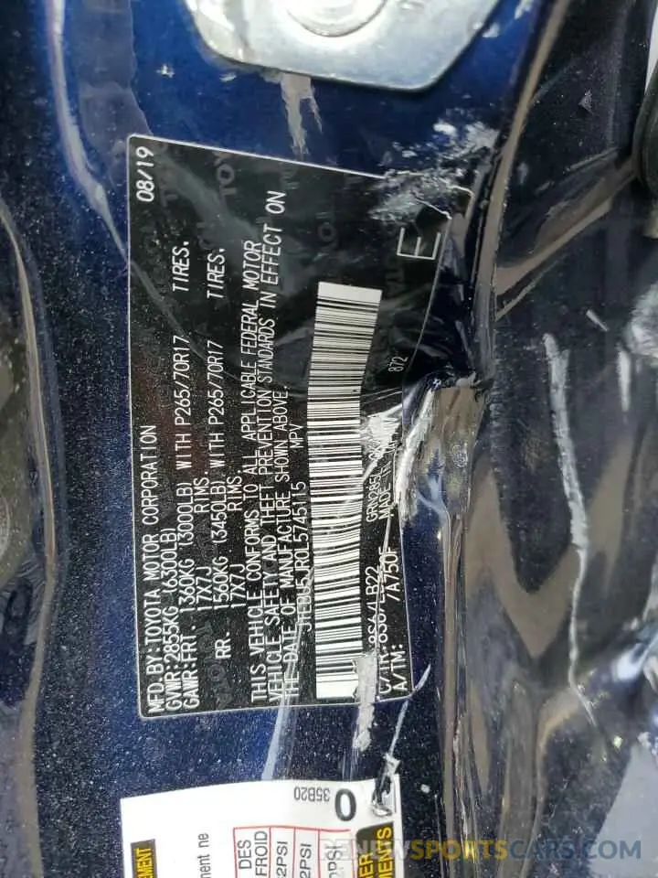 13 Photograph of a damaged car JTEBU5JR0L5745115 TOYOTA 4RUNNER 2020