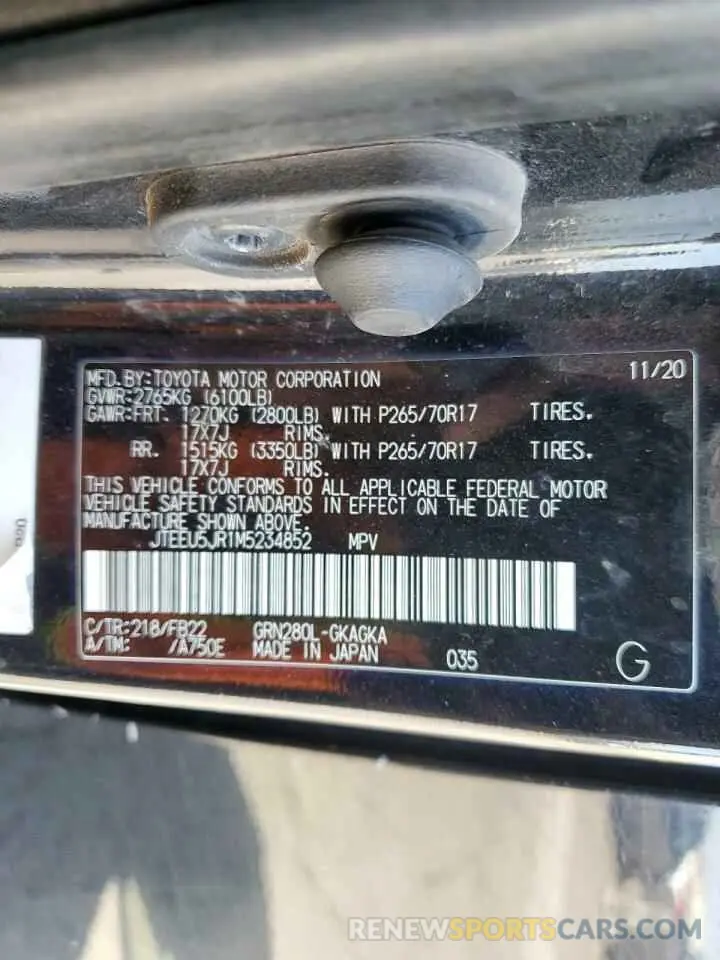 13 Photograph of a damaged car JTEEU5JR1M5234852 TOYOTA 4RUNNER 2021