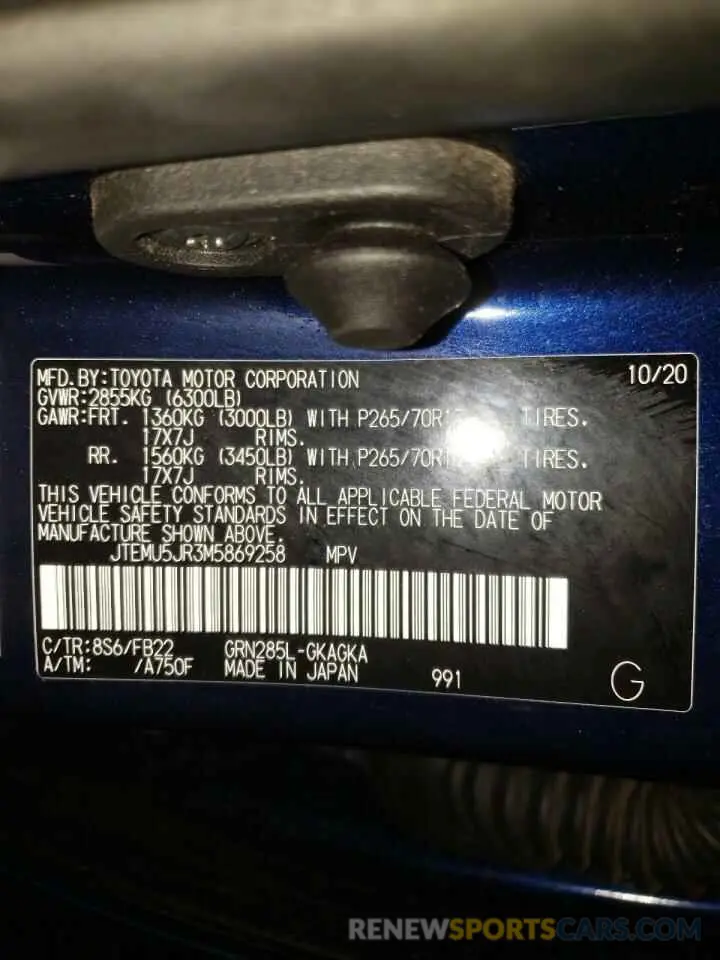 10 Photograph of a damaged car JTEMU5JR3M5869258 TOYOTA 4RUNNER 2021