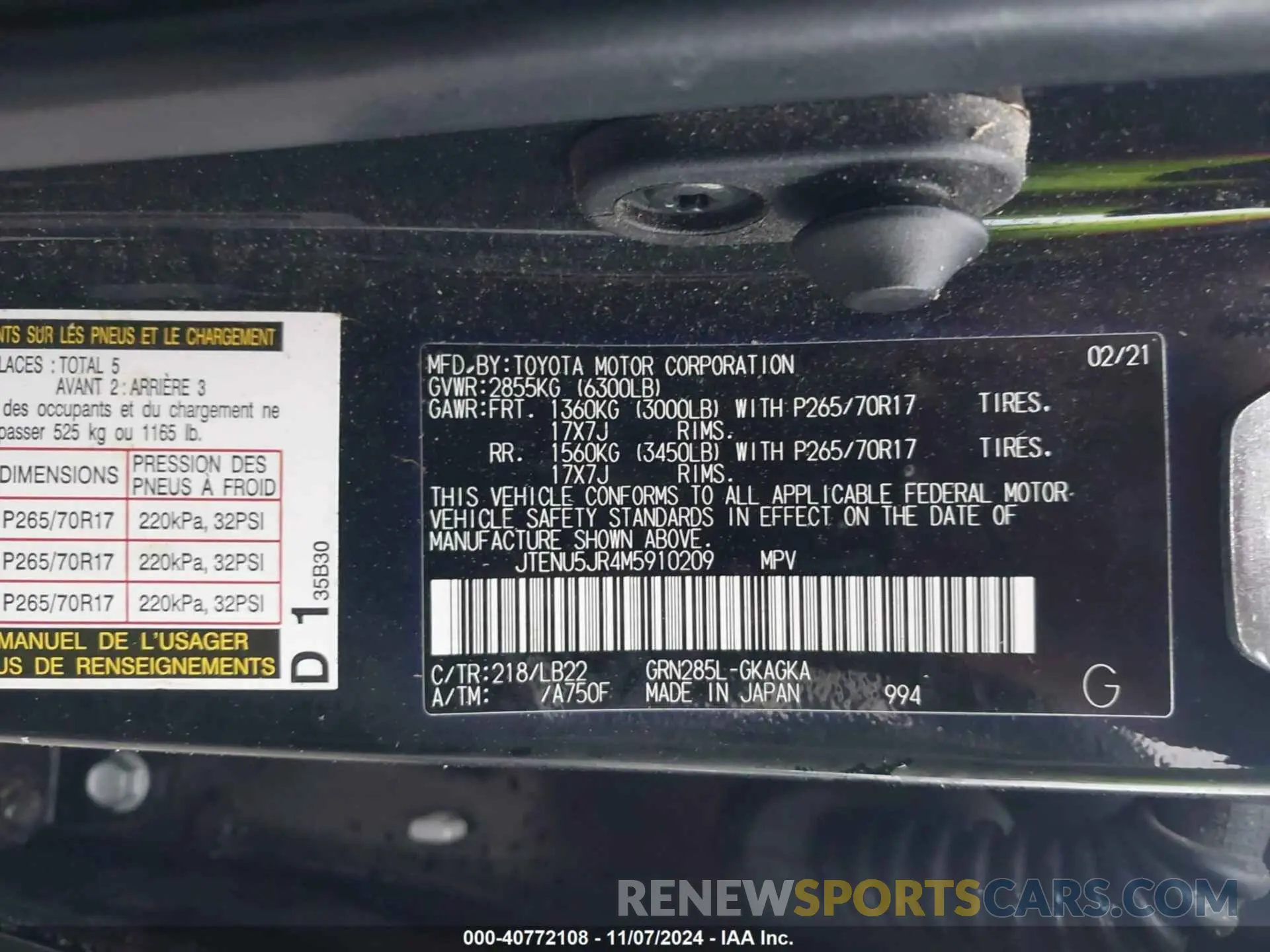 9 Photograph of a damaged car JTENU5JR4M5910209 TOYOTA 4RUNNER 2021