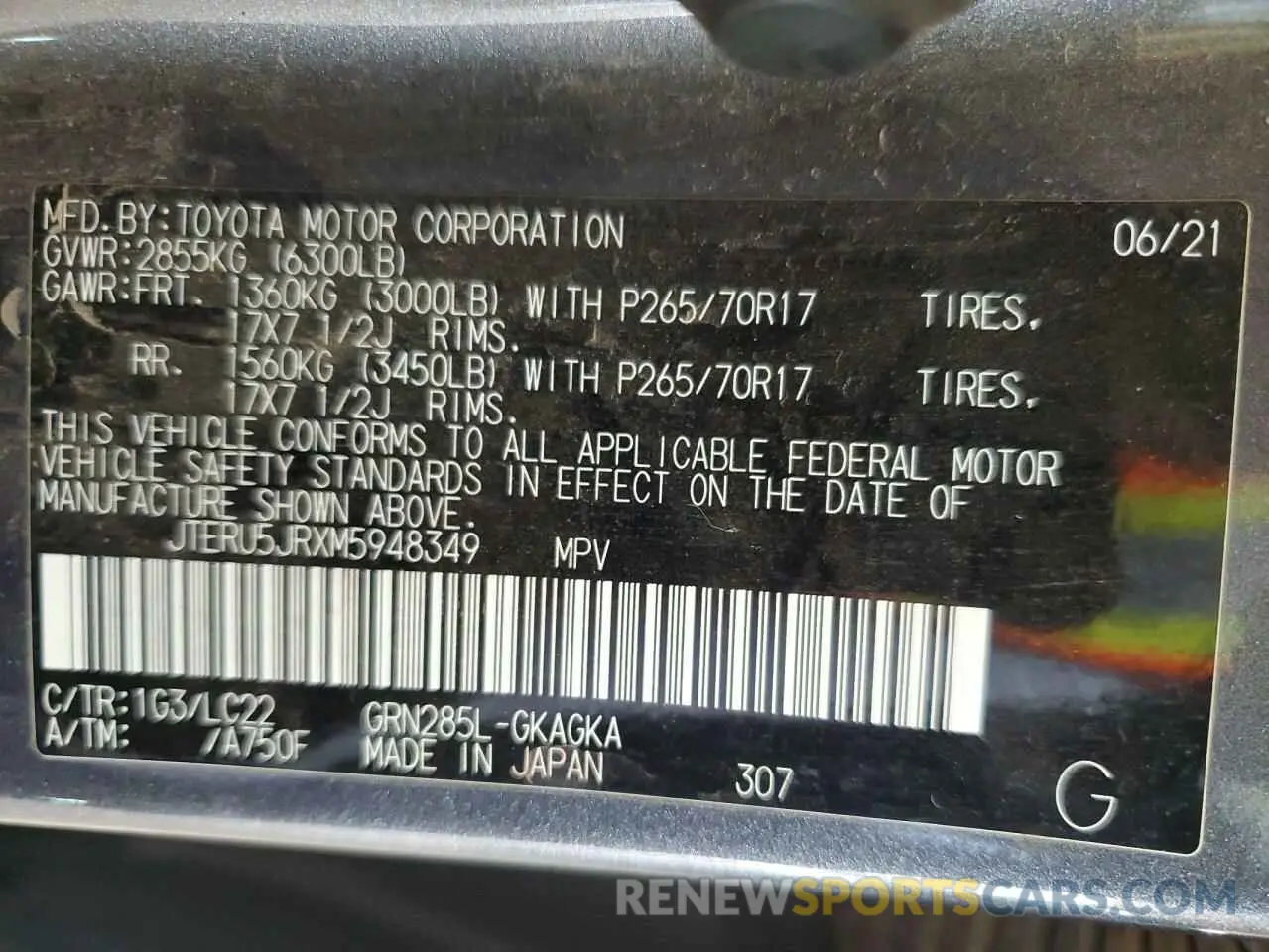 12 Photograph of a damaged car JTERU5JRXM5948349 TOYOTA 4RUNNER 2021