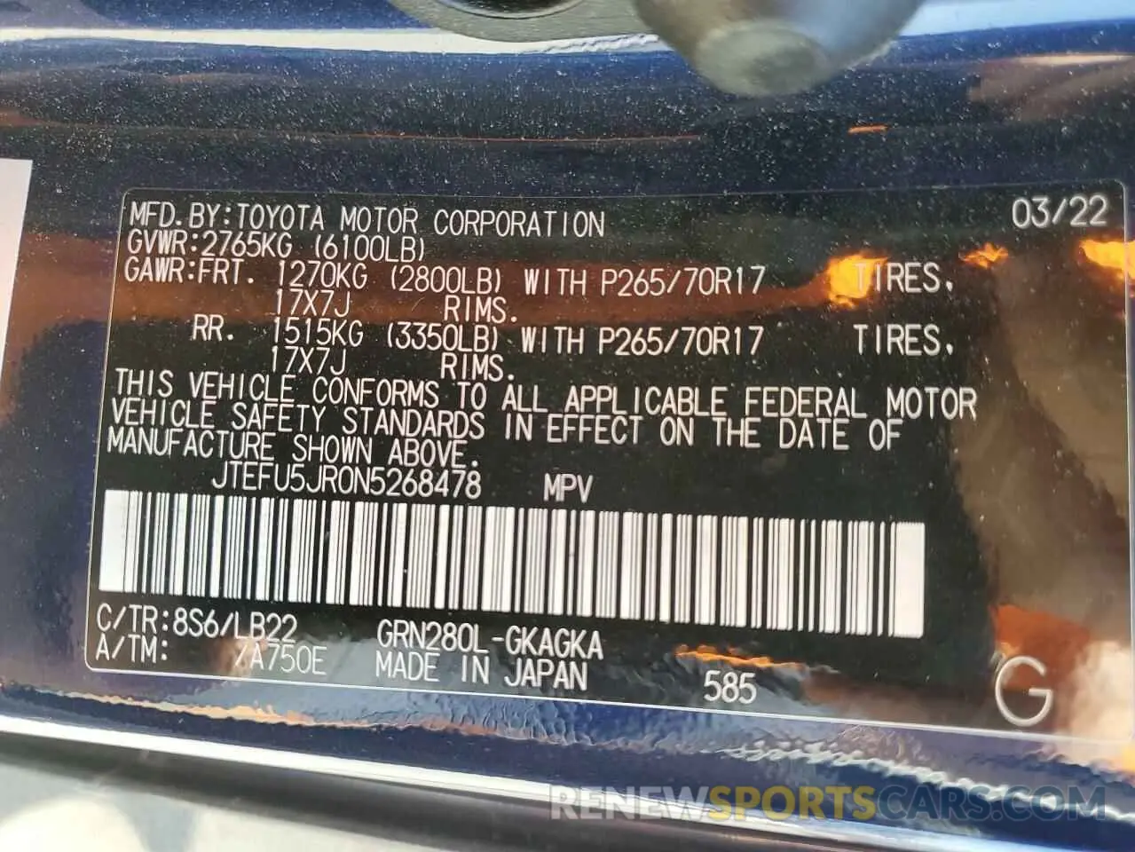 13 Photograph of a damaged car JTEFU5JR0N5268478 TOYOTA 4RUNNER 2022