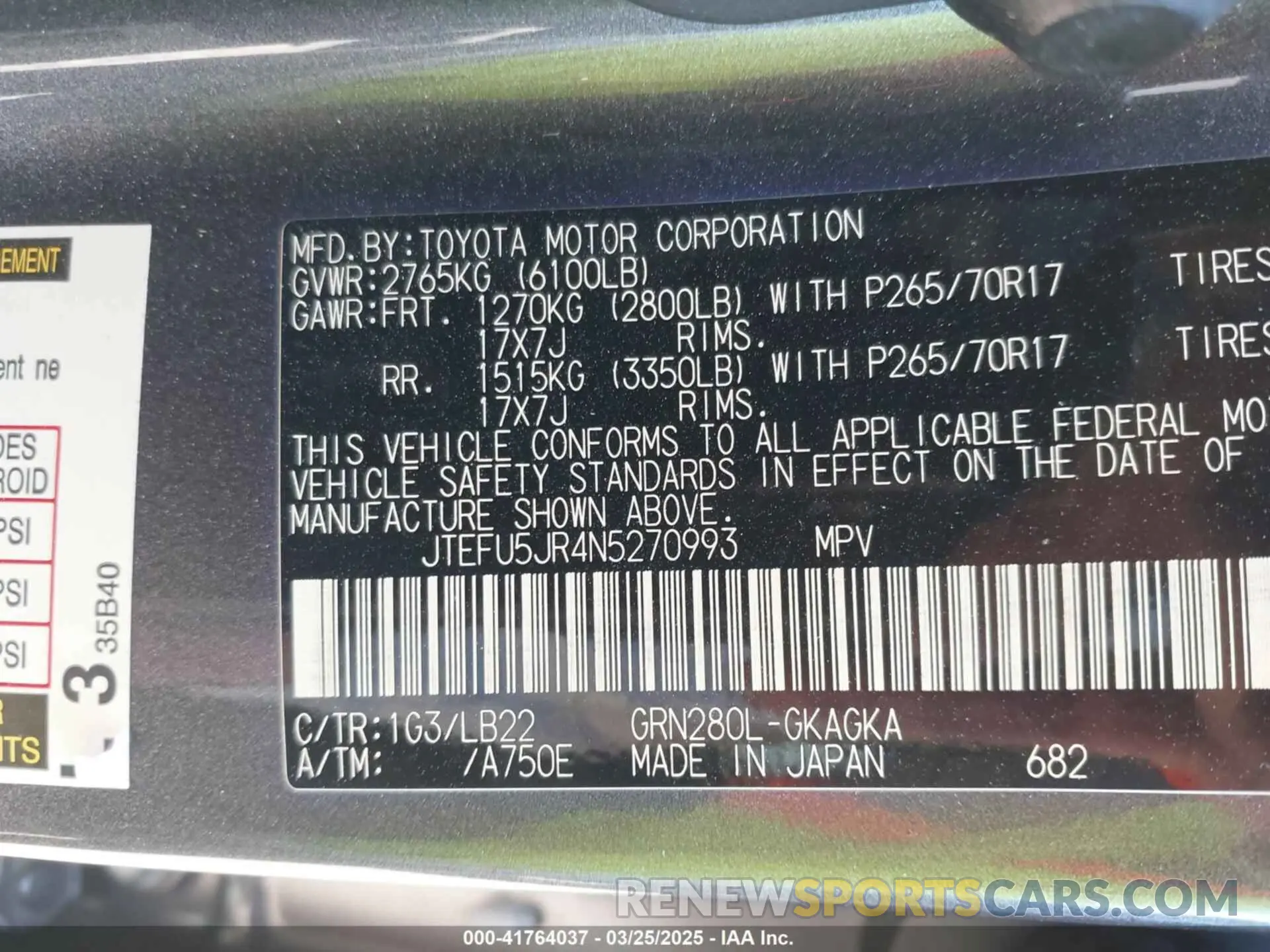 9 Photograph of a damaged car JTEFU5JR4N5270993 TOYOTA 4RUNNER 2022