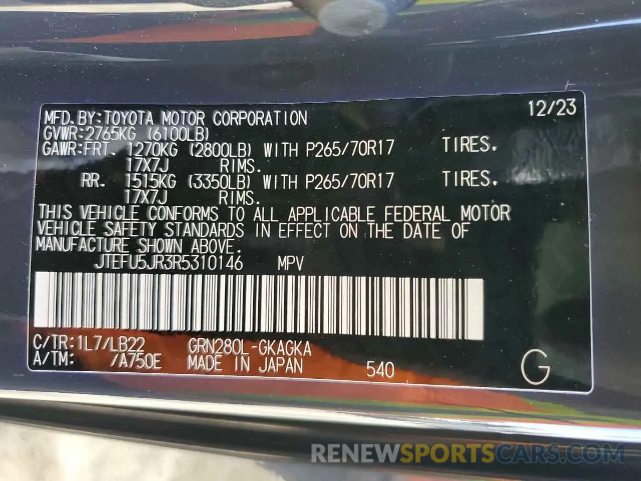 14 Photograph of a damaged car JTEFU5JR3R5310146 TOYOTA 4RUNNER 2024