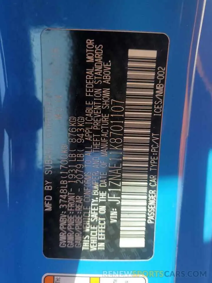 12 Photograph of a damaged car JF1ZNAE11K8701107 TOYOTA 86 2019