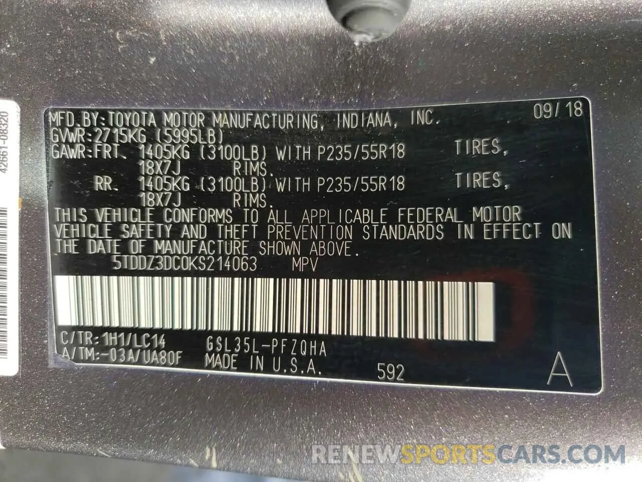 14 Photograph of a damaged car 5TDDZ3DC0KS214063 TOYOTA All Models 2019