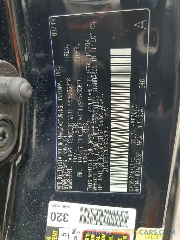 13 Photograph of a damaged car 5TDDZ3DC0KS226360 TOYOTA All Models 2019