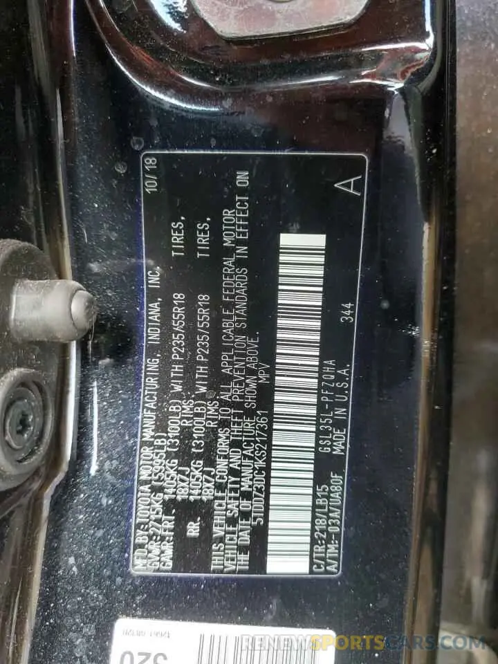 13 Photograph of a damaged car 5TDDZ3DC1KS217361 TOYOTA All Models 2019