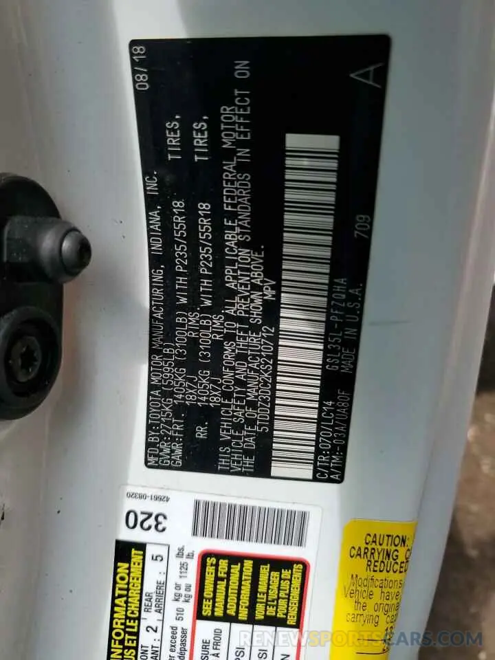 13 Photograph of a damaged car 5TDDZ3DC2KS210712 TOYOTA All Models 2019