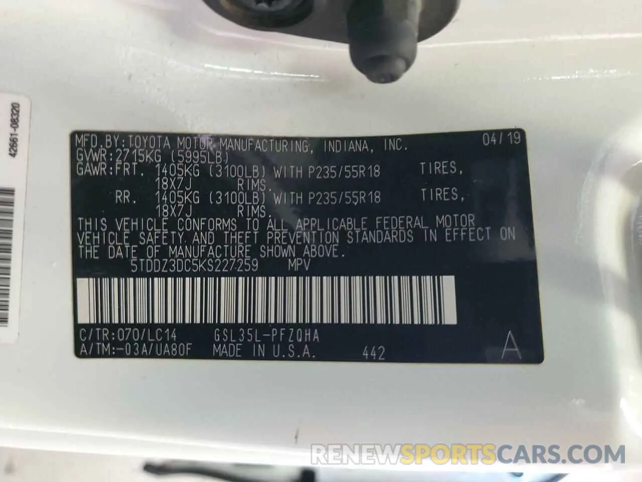 13 Photograph of a damaged car 5TDDZ3DC5KS227259 TOYOTA All Models 2019