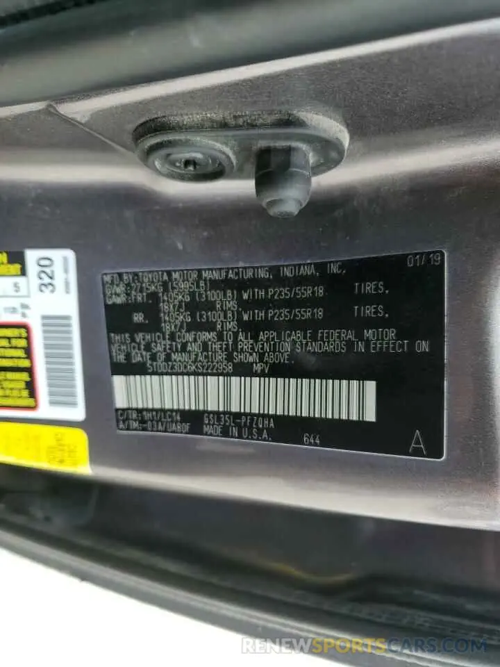 13 Photograph of a damaged car 5TDDZ3DC6KS222958 TOYOTA All Models 2019