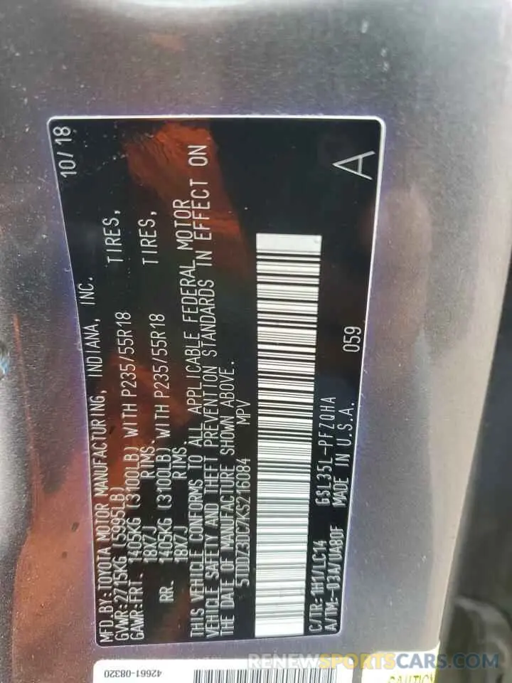 13 Photograph of a damaged car 5TDDZ3DC7KS216084 TOYOTA All Models 2019