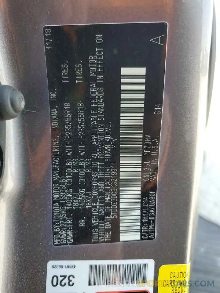 16 Photograph of a damaged car 5TDDZ3DC9KS219911 TOYOTA All Models 2019