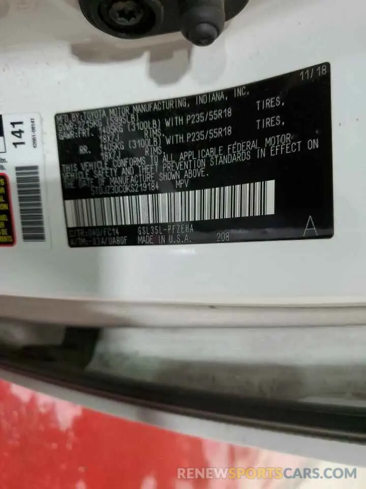 13 Photograph of a damaged car 5TDJZ3DC0KS219184 TOYOTA All Models 2019