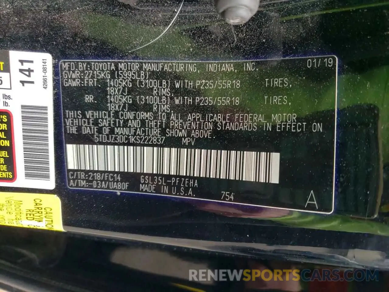 13 Photograph of a damaged car 5TDJZ3DC1KS222837 TOYOTA All Models 2019