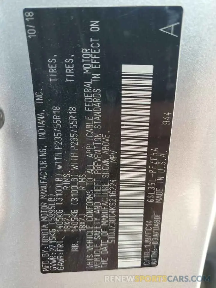 14 Photograph of a damaged car 5TDJZ3DC4KS216224 TOYOTA All Models 2019