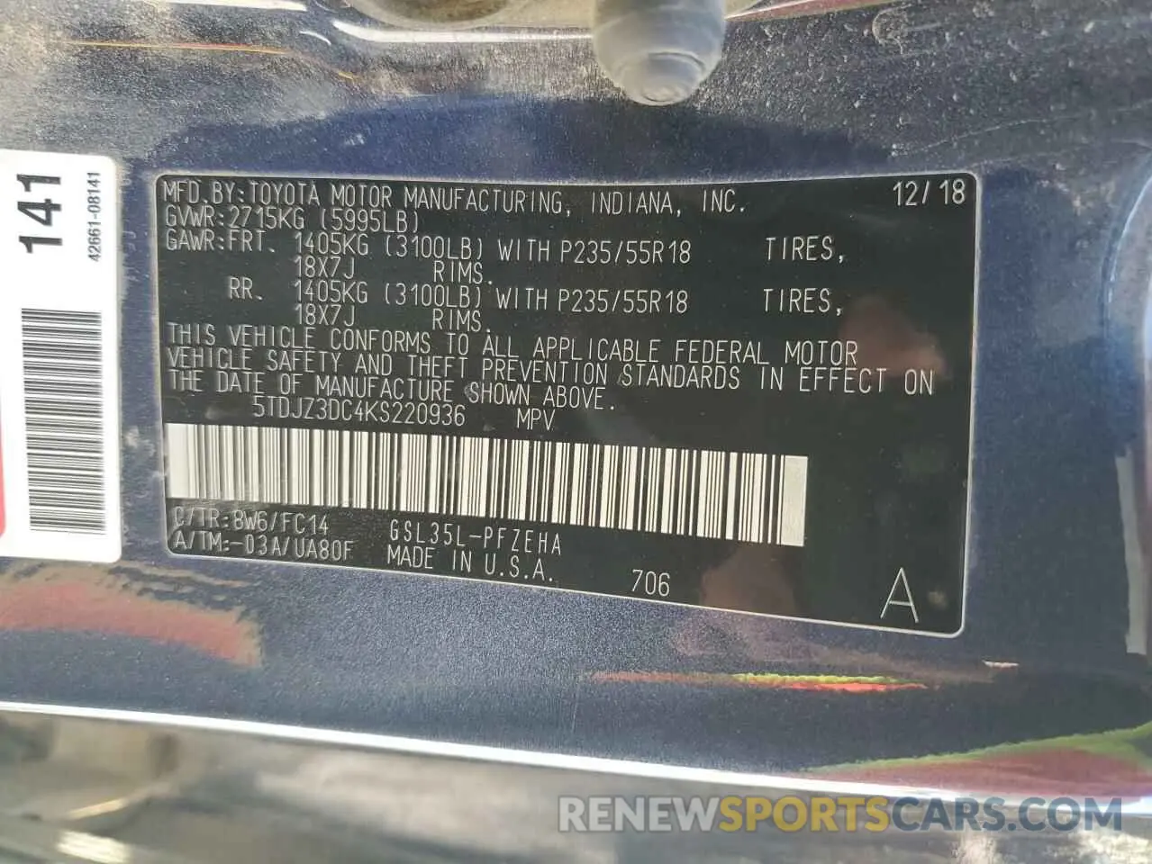 14 Photograph of a damaged car 5TDJZ3DC4KS220936 TOYOTA All Models 2019