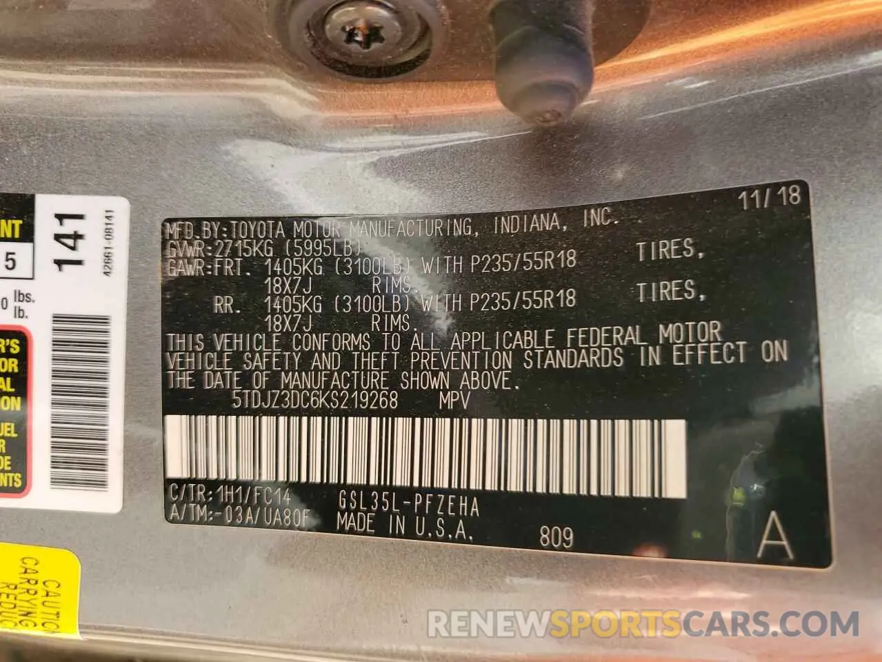 13 Photograph of a damaged car 5TDJZ3DC6KS219268 TOYOTA All Models 2019