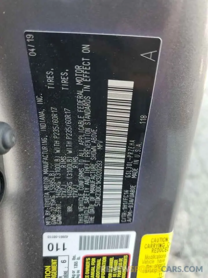 13 Photograph of a damaged car 5TDKZ3DC1KS020293 TOYOTA All Models 2019