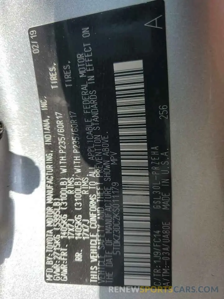 14 Photograph of a damaged car 5TDKZ3DC2KS011179 TOYOTA All Models 2019