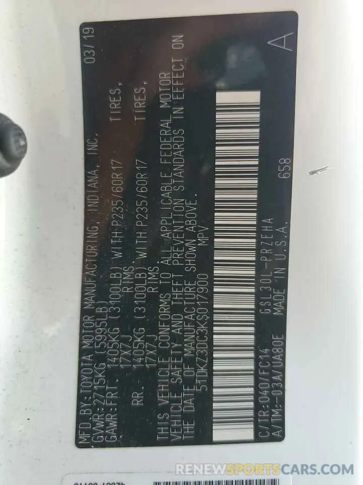13 Photograph of a damaged car 5TDKZ3DC3KS017900 TOYOTA All Models 2019