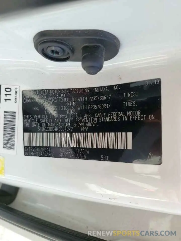 14 Photograph of a damaged car 5TDKZ3DC4KS004072 TOYOTA All Models 2019