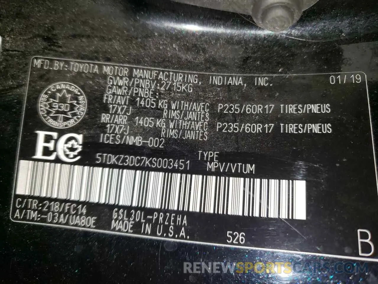 13 Photograph of a damaged car 5TDKZ3DC7KS003451 TOYOTA All Models 2019
