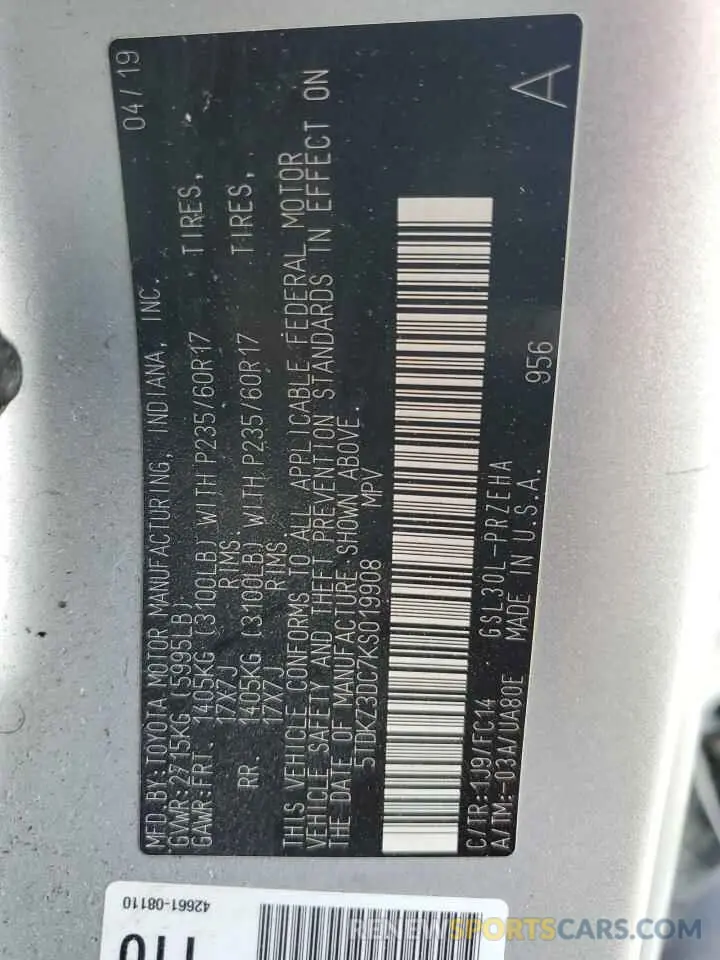 14 Photograph of a damaged car 5TDKZ3DC7KS019908 TOYOTA All Models 2019