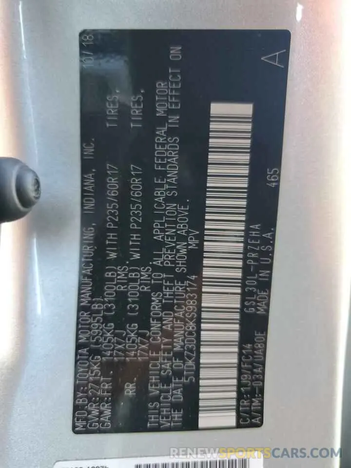 14 Photograph of a damaged car 5TDKZ3DC8KS983174 TOYOTA All Models 2019