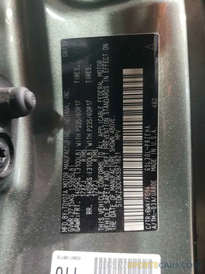 13 Photograph of a damaged car 5TDKZ3DCXKS971821 TOYOTA All Models 2019
