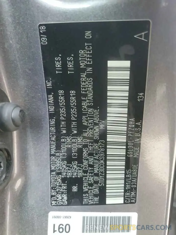13 Photograph of a damaged car 5TDYZ3DC0KS978173 TOYOTA All Models 2019